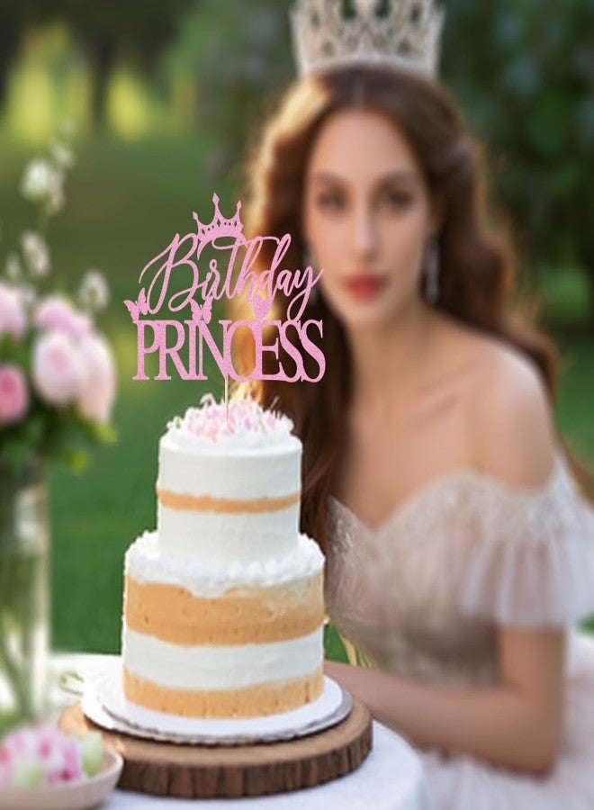 Auteby Glitter Birthday Princess Cake Topper - Happy Birthday Cake Topper for Crown Girl Party Decoration (pink) - Image 2